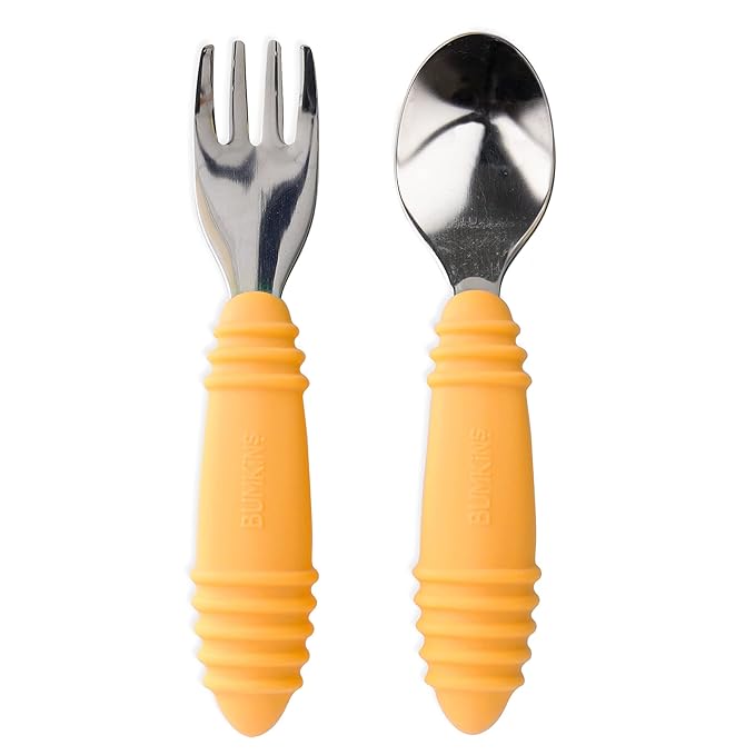 Bumkins Toddler Utensils, Kids Size Fork and Spoon Set, Silicone and Stainless-Steel Training Silverware, Angled Forks / Sporks for Self-Feeding, Children Learning to Eat, 18 Mos Up, Tangerine Orange-CubbioJoy
