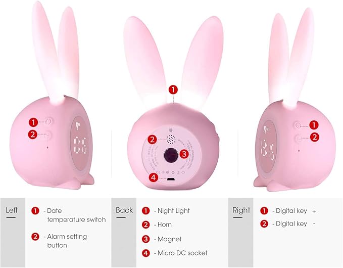 KDtech Kids Alarm Clock with Night Light 6 Ringtones, Cute Pink Bunny Digital Alarm Clock for Kids, Touch Control and Rechargeable Sleep Trainer Clock for Boys Girls Bedroom-CubbioJoy