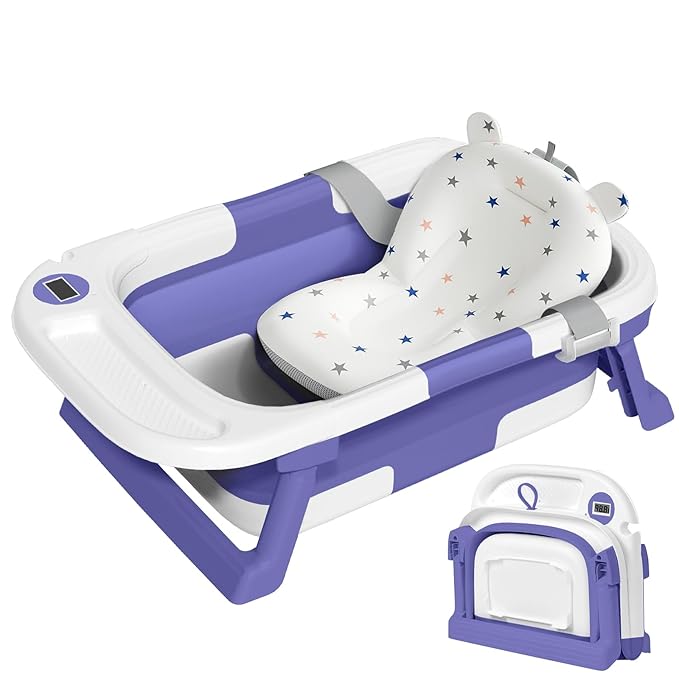 Collapsible Baby Bathtub,Baby Bath Tub with Thermometer & Soft Cushion,Baby Bathtub for Newborn to Toddler 0-36 Months,Portable Travel Baby Tub with No-Slip Feet,Baby Shower Gifts,Lavender-CubbioJoy