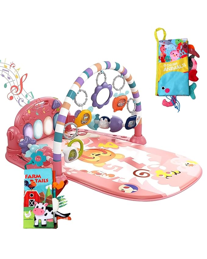 dearlomum Baby Play Mat Baby Gym,Funny Play Piano Tummy Time Baby Activity Mat with 5 Infant Sensory Baby Toys & 2 Baby Book Toys, Boy & Girl Gifts for Newborn 0 to 3 6 9 12 Months(Pink)-CubbioJoy