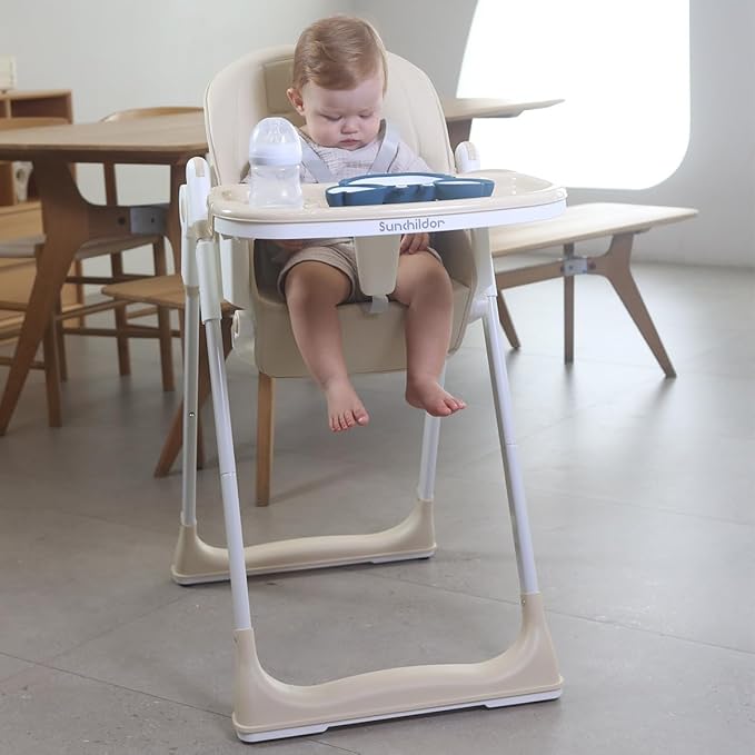 3 in 1 Baby High Chair with Wheels, Adjustable 5 Point Harness, Tray, Foot Rest, Backrest and Seat Height, Foldable High Chair for Toddlers, Beige-CubbioJoy