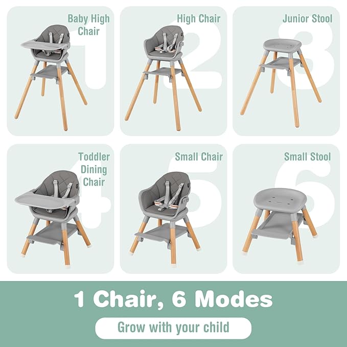 BABY JOY Baby High Chair, 6 in 1 Convertible Wooden Highchair for Babies & Toddlers with Adjustable Legs, Removable Double Tray, Safety Harness & Waterproof PU Cushion (Gray)-CubbioJoy