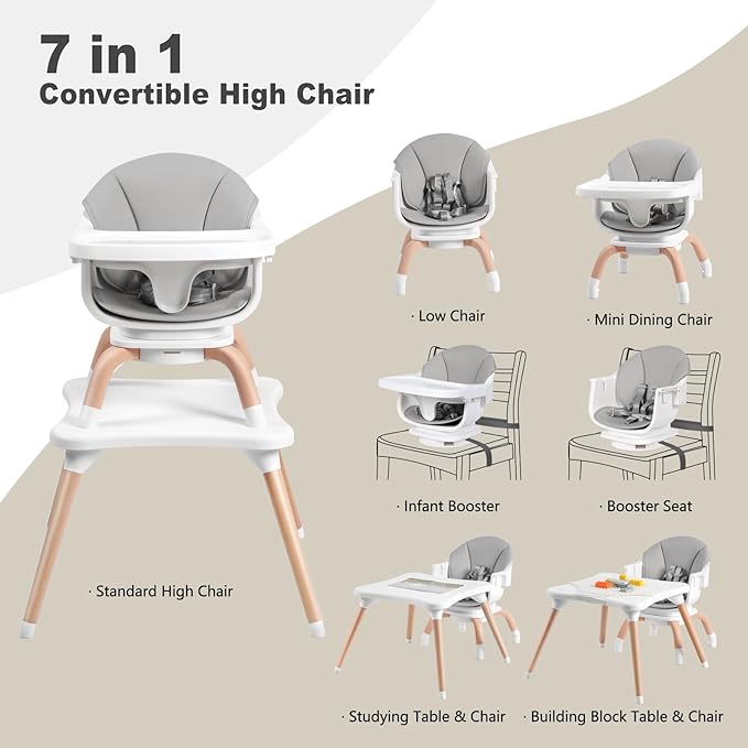 Baby High Chair, 7 in 1 Convertible High Chairs for Babies and Toddlers, Kids Learning Table, Building Block Table, Toddler Dining Chair with 360° Rotating Seat, 5-Point Safety Harness (Grey)-CubbioJoy