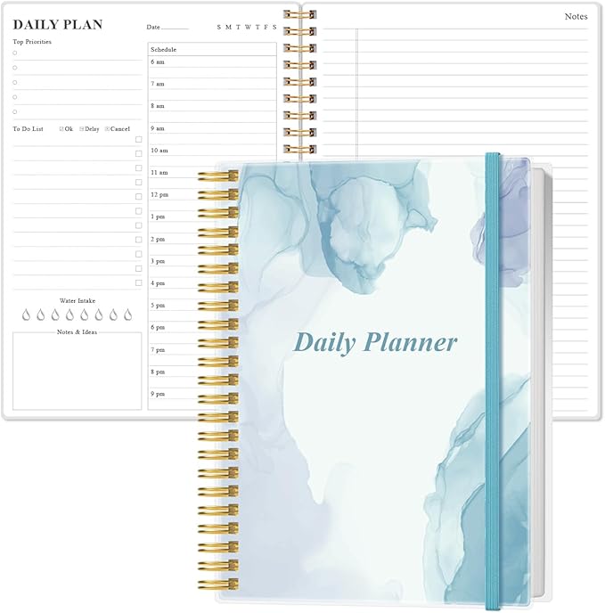 Daily Planner Undated - B5 To Do List Notebook Hourly Schedules, Spiral Appointment Planner for Women and Men, PVC Hardcover, Inner Pocket, Elastic Closure, 7" x 10", Blue Watercolor-CubbioJoy