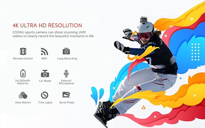 COOAU 4K 20MP Wi-Fi Action Camera External Microphone Remote Control Underwater 40M Waterproof Sport Camera Time Lapse with 2X1200mAh Batteries and 20 Accessories-CubbioJoy