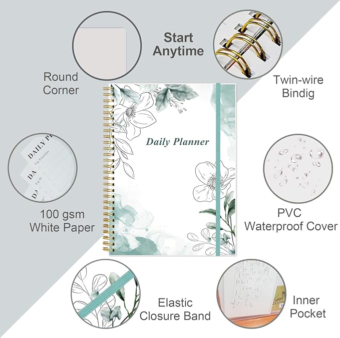 Daily Planner Undated - B5 To Do List Notebook Hourly Schedules, Spiral Appointment Planner for Women and Men, PVC Hardcover, Inner Pocket, Elastic Closure, 7" x 10", Teal Flowers-CubbioJoy