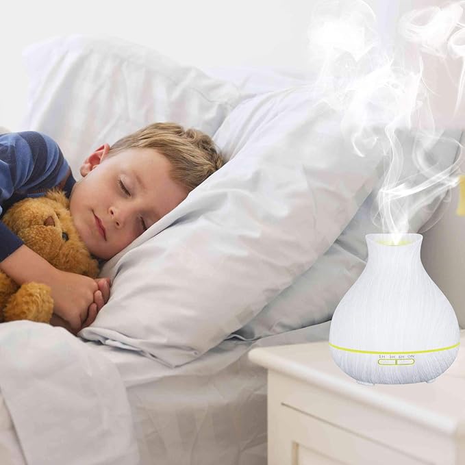 BZseed Aromatherapy Essential Oil Diffuser 550ml 12 Hours White Wood Grain Aroma Diffuser with Timer for Large Room, Home, Baby Bedroom, Waterless Auto Shut-Off, 7 Colors Lights Changing-CubbioJoy