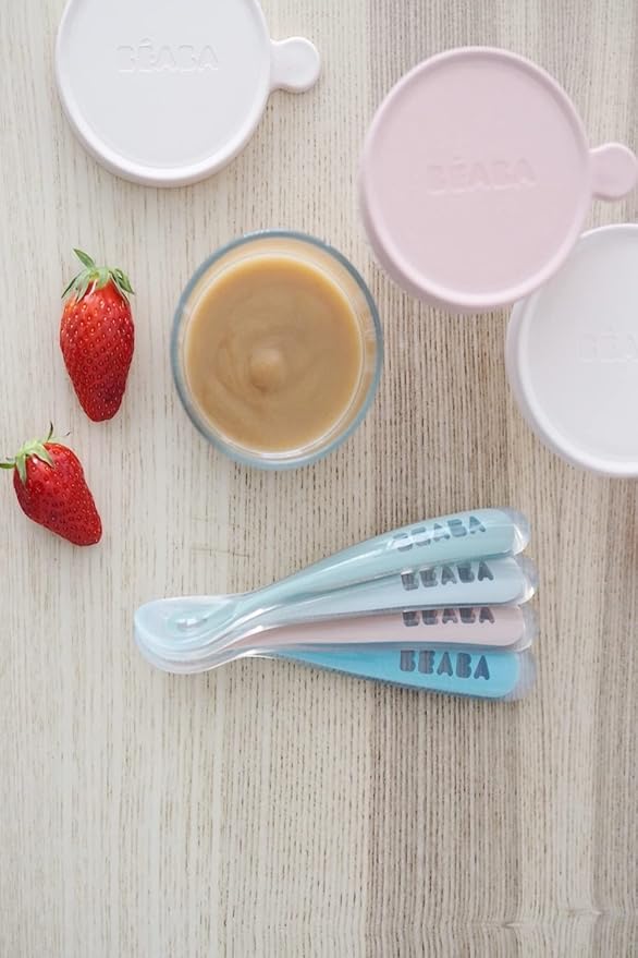 BEABA First Stage Baby Feeding Spoon Set, THE ORIGINAL Soft Tip Silicone Spoons for Babies, Gum Friendly BPA Lead Phthalate and Plastic Free, Great Gift Set (4 Pack), Cloud-CubbioJoy