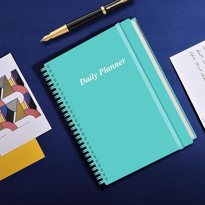 Daily Planner Undated - B5 To Do List Notebook Hourly Schedules, Spiral Appointment Planner for Women and Men, PVC Hardcover, Inner Pocket, Elastic Closure, 7" x 10", Teal-CubbioJoy