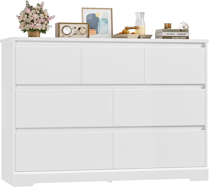 Dresser for Bedroom, Modern White Dresser, Wood Chest of Drawers Nursery Dressers, with Storage, 7 Drawer Double with Handle Free, Large Storage Organizer for Living Room,White-CubbioJoy