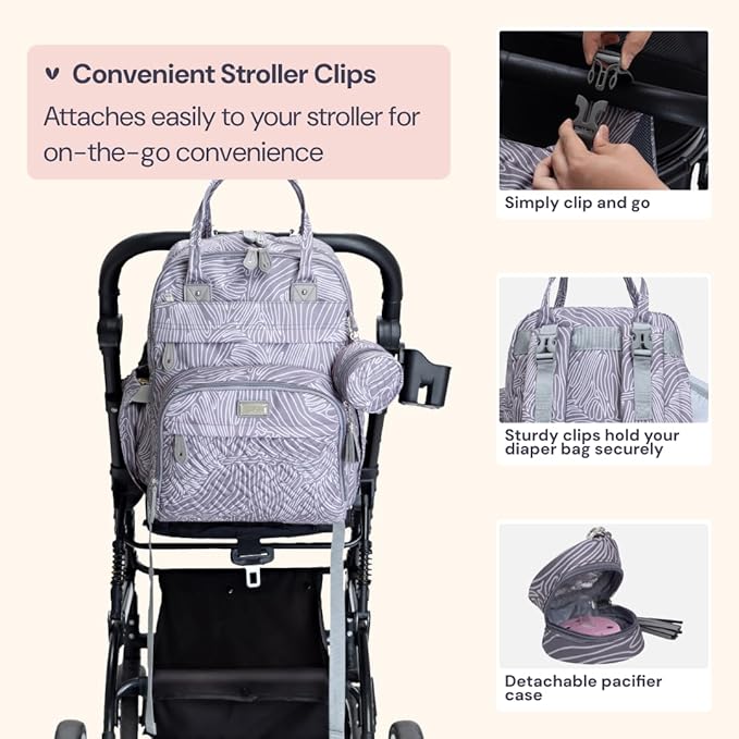 BabbleRoo Diaper Bag Backpack - Baby Essentials, Travel Essentials Baby Bag with Changing Pad, Stroller Straps & Pacifier Case - Unisex, Gray Swirls-CubbioJoy