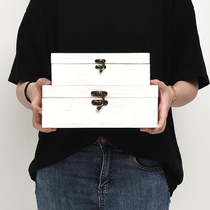 Decorative Wooden Box with Hinged Lid - Timeless Carved Floral Storage for Rustic Farmhouse Decor, Set of 2, White-CubbioJoy