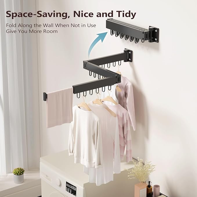 JAUREE Clothes Drying Rack Wall Mounted, Laundry Drying Rack Collapsible, Space Saving Wall Drying Rack Clothing Foldable, Tri-Fold Retractable Rack Outdoor Indoor with 18 Hooks, Black-CubbioJoy