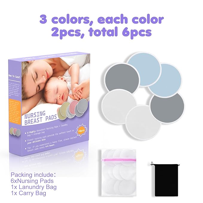 6 PCS Reusable Nursing Pads – Washable Breast Pads for Breastfeeding, Soft & Super Absorbent with Laundry Bag and Travel Bag, Nipple Pads for Postpartum Essentials-CubbioJoy