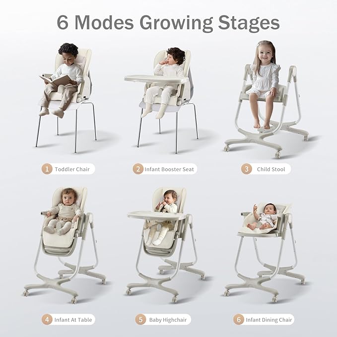 6 in 1 Convertible High Chairs for Babies and Toddlers,Portable High Chair with Dishwasher Tray and 4 Wheel,Booster Seat for Dining Table,Foldable Toddle and Baby Feeding Highchair (White)-CubbioJoy