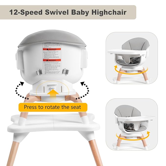 Baby High Chair, 7 in 1 Convertible High Chairs for Babies and Toddlers, Kids Learning Table, Building Block Table, Toddler Dining Chair with 360° Rotating Seat, 5-Point Safety Harness (Grey)-CubbioJoy