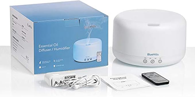 BlueHills Premium 1000 ML XL Essential Oil Diffuser Aromatherapy Humidifier with Remote for Large Room Home 18 Hour Run Huge Coverage Area 1 Liter Mood Lights Extra Large Capacity White D001-CubbioJoy