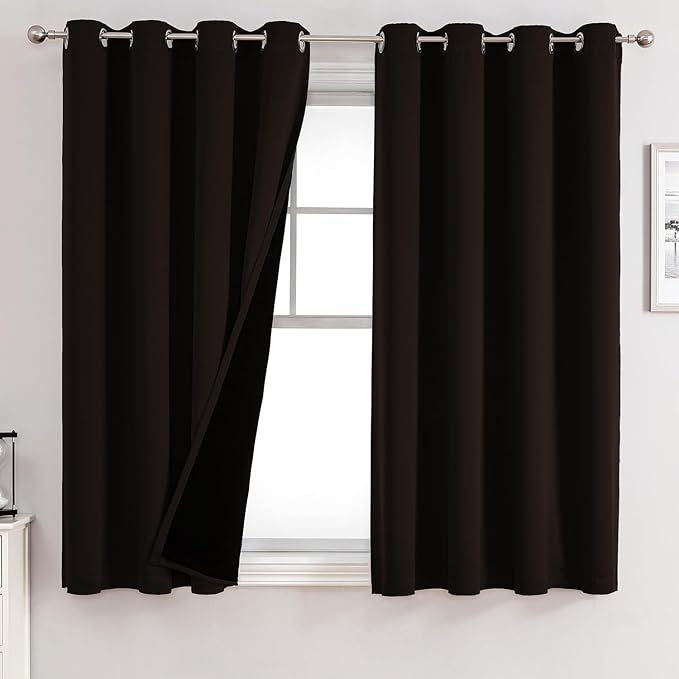 ChrisDowa 100% Blackout Curtains for Bedroom with Black Liner, 2 Thick Layers Total Blackout Thermal Insulated Grommet Window Curtains 2 Panels Set (Brown, 52 x 63 Inch)-CubbioJoy