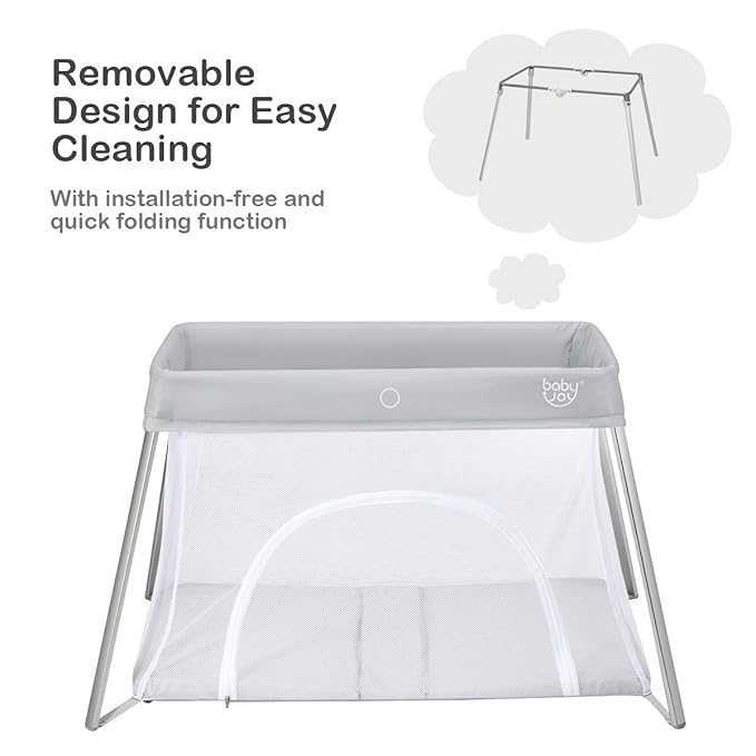 BABY JOY 2 in 1 Travel Crib with Side Zipper, Portable Baby Playard with Soft Washable Mattress, Installation-Free Home Playard with Carry Bag for Airplane, Lightweight Playpen for Infants &Toddlers-CubbioJoy
