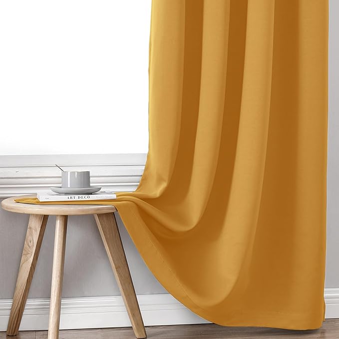 ChrisDowa 100% Blackout Curtains for Bedroom with Black Liner, 2 Thick Layers Total Blackout Thermal Insulated Grommet Window Curtains 2 Panels Set (Mustard Yellow, 52 x 72 Inch)-CubbioJoy