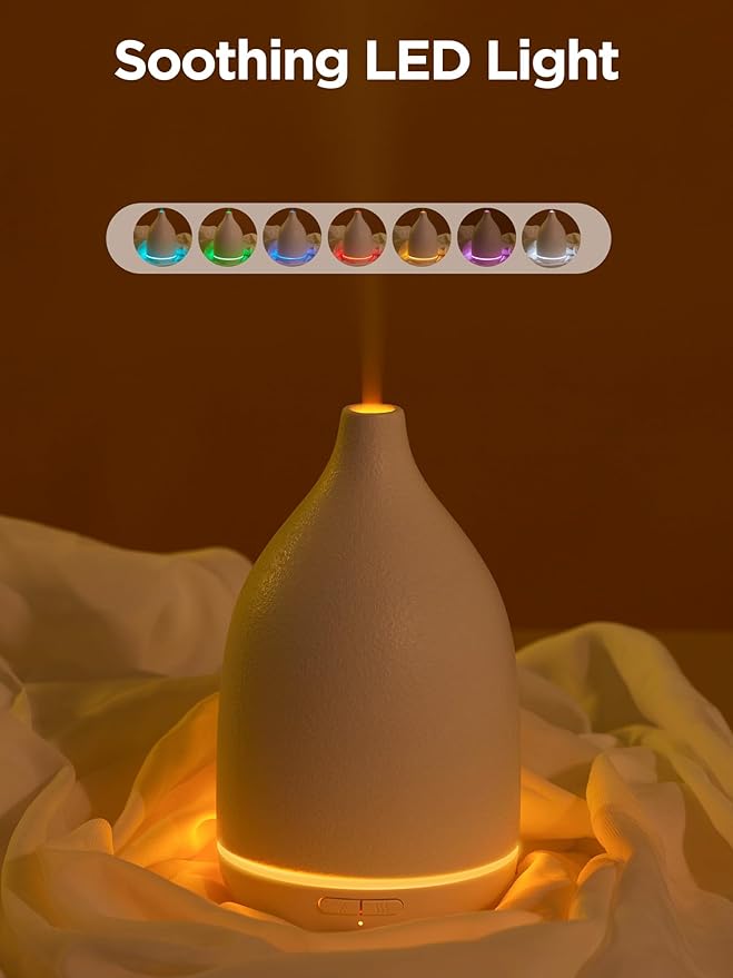 InnoGear Oil Diffuser, 150ML Ceramic Diffuser for Essential Oils Handcrafted Aromatherapy Diffuser Ultrasonic Cool Mist Humidifier with 2 Mist Modes Waterless Auto Off for Room Office, White Base-CubbioJoy