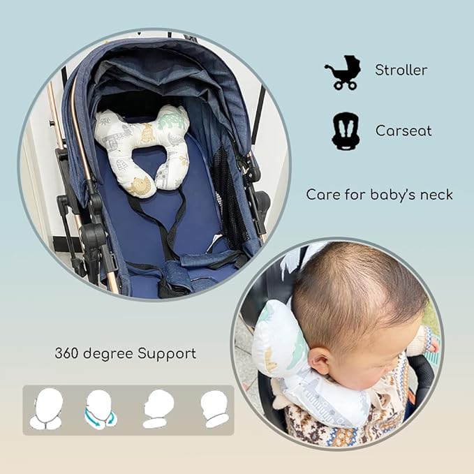 Baby Neck Pillows, Comfortable Baby Travel Head Neck Support Pillow for Car Seat Stroller Pushchair, Soft PP Cotton Travel Pillow for 0-1 Year Old Toddler Infant Newborn, Zoo-CubbioJoy