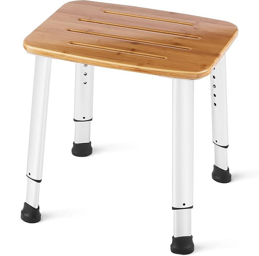 Bathroom Shower Bench Bath Stool Bathtub Seat Spa Chair Foot Rest Step, Height Adjustable Lightweight Waterproof and Rustproof, Bamboo-CubbioJoy