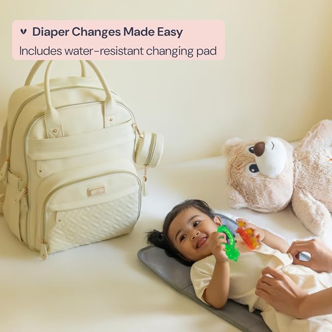 BabbleRoo Leather Diaper Bag Backpack - Baby Essentials Travel Baby Bag, Multi function, Waterproof, with Changing Pad, Stroller Straps & Pacifier Case – Unisex, Eggshell White-CubbioJoy