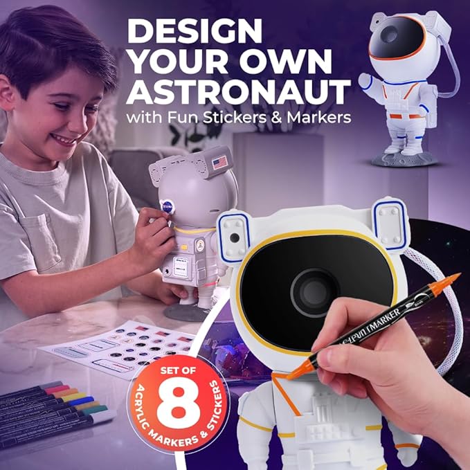 Color My Astronaut Galaxy Projector - DIY Spaceman Night Light with Acrylic Markers Kit & Space Stickers - Paint Your Own Lamp - Arts and Craft for Kids Ages 4-8 - Unique Gift for 5-10 Year Old Boys-CubbioJoy