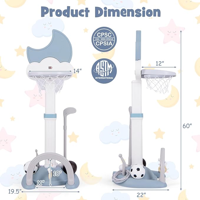 Costzon Kids Basketball Hoop with Electronic Scoreboard Cheer Sound, 4 in 1 Height Adjustable Toddler Basketball Hoop with Soccer, Golf, Ring Toss Game for Indoor Outdoor, Gift(Light Blue Moon)-CubbioJoy