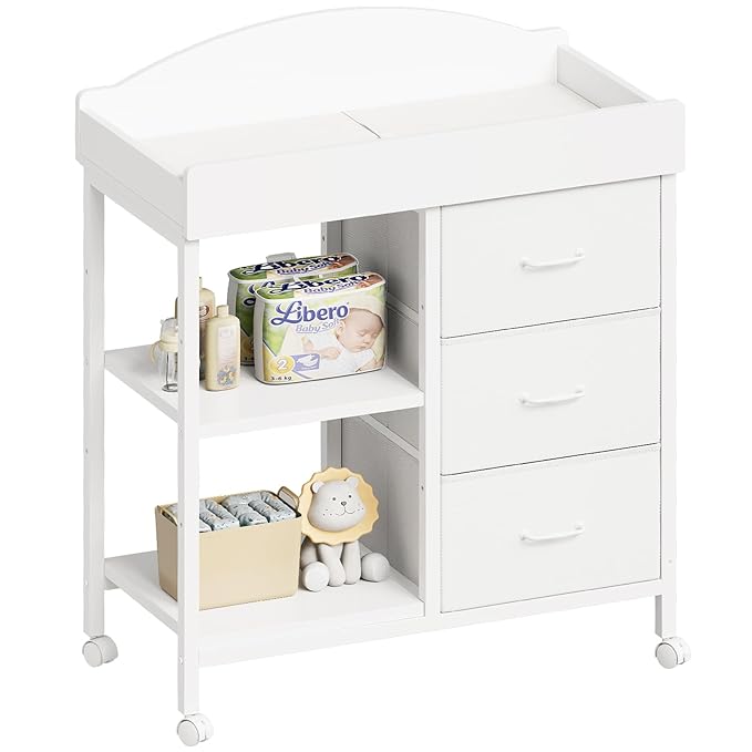 Changing Table Dresser, Baby Dresser with 3 Fabric Drawers and 2 Shelves, Multi-Functional Baby Changing Table with Pad, Classic Nursery Dresser, Diaper Changing Station for Nursery, White-CubbioJoy