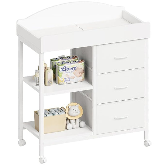 Changing Table Dresser, Baby Dresser with 3 Fabric Drawers and 2 Shelves, Multi-Functional Baby Changing Table with Pad, Classic Nursery Dresser, Diaper Changing Station for Nursery, White-CubbioJoy
