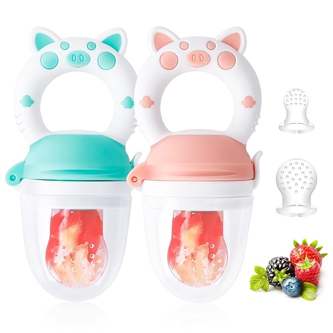 Baby Solids/Frozen Fruit Feeder Pacifier, Infant Teether Toy 4M+, BPA-Free Silicone Pouch & Nipple, Safely Introduce Solids, Teething Relief, 2-Pack (Piglet - Mint Green Pink, S/M/L)-CubbioJoy