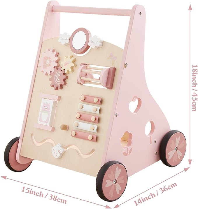 Beright Wooden Baby Walker Push and Pull Learning Activity Walker Kids’ Activity Toy Multiple Activities Center Develops Motor Skills & Stimulates Creativity(Pink)-CubbioJoy