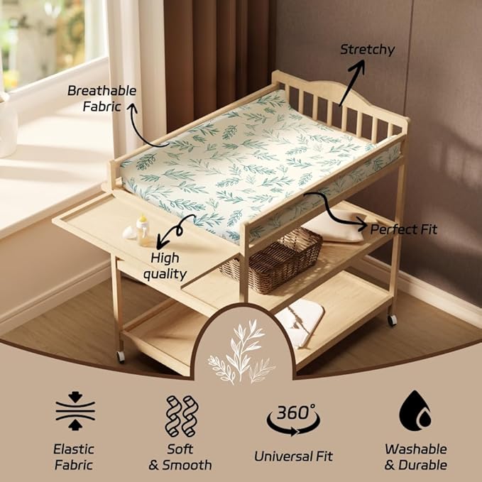 4 Pack Sage Green Fitted Nursery Sheets Breathable Neutral Unisex Baby Sheets for Boys or Girls with Leaf and Flower Design (Changing Pad Cover)-CubbioJoy