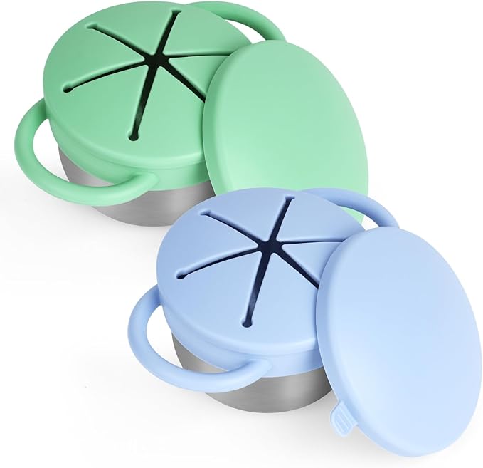 2 Pack Snack Cups for Toddlers Spill Proof - Detachable Stainless Steel Toddler Snack Cups with Silicone Lids & Handles - Dishwasher Safe Baby Snack Containers for Mess-Free Snacking (Blue and Green)-CubbioJoy