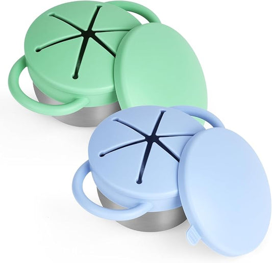 2 Pack Snack Cups for Toddlers Spill Proof - Detachable Stainless Steel Toddler Snack Cups with Silicone Lids & Handles - Dishwasher Safe Baby Snack Containers for Mess-Free Snacking (Blue and Green)-CubbioJoy