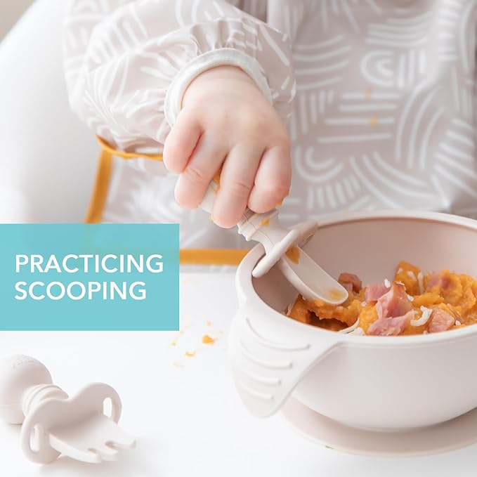 Bumkins Baby Utensils Set, Chewtensils Silicone Spoons for Dipping, Self-Feeding, Baby Led Weaning, Trainer Learning, First Stage Eating, Soft Practice Fork and Spoon, Babies 6 Months, Sand Beige-CubbioJoy