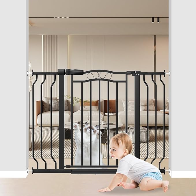 29.53"-43.30" Mornyray Auto-Close Baby Gate Extra Wide, Pressure Mounted Dog & Pet Gate for Stairs Doorways, No Drill Safety Barrier with Lace Design, Metal Child Proof Gate Indoor Outdoor, Black-CubbioJoy