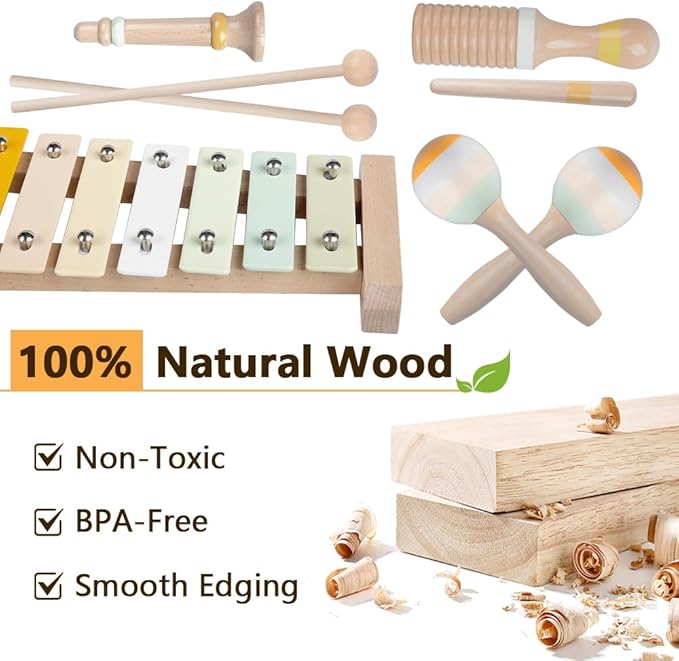Baby Musical Instruments-Montessori Wooden Toys for Toddlers 1-3,Neutral Colors Percussion Instruments Set with Modern Boho Xylophone for Kids Preschool Educational 3+-CubbioJoy