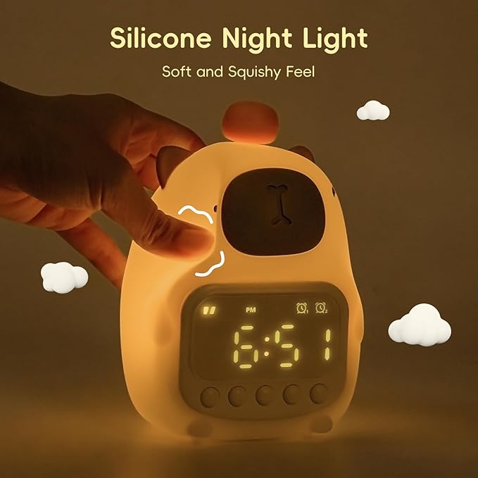 Capybara Alarm Clock with Night Light for Kids, Cute Toddler Alarm Clocks for Bedrooms Ok to Wake Clocks for Girls and Boys, Silicone Animal Tabletop Lamp for Kid, RGB Color-CubbioJoy