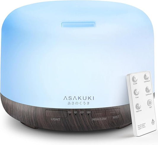 ASAKUKI 500ml Premium, Essential Oil Diffuser with Remote Control, 5 in 1 Ultrasonic Aromatherapy Fragrant Oil Humidifier Vaporizer, Timer and Auto-Off Switch Brown-CubbioJoy