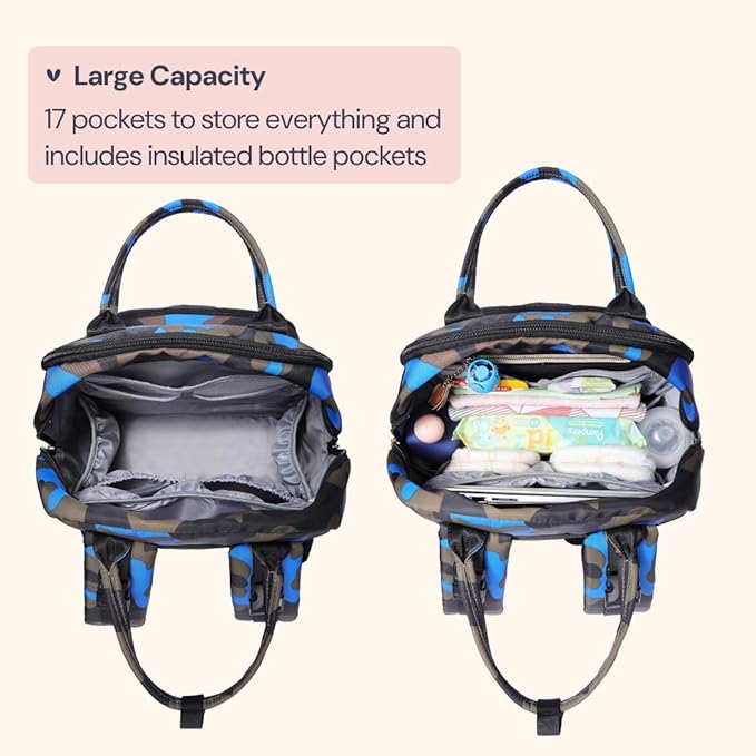 BabbleRoo Diaper Bag Backpack - Baby Essentials Travel Tote - Multi function Waterproof Diaper Bag, Travel Essentials Baby Bag with Changing Pad, Stroller Straps & Pacifier Case - Unisex, Blue Camo-CubbioJoy
