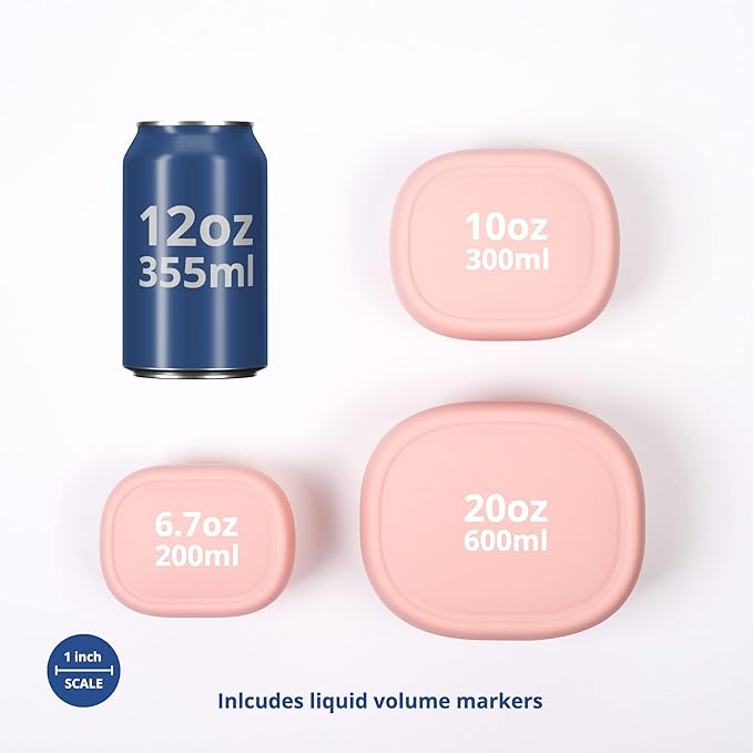 BLUE GINKGO Nesting Silicone Containers - Set of 3 Hard-Shell Silicone Food Storage Containers | BPA Free, Airtight, Dishwasher and Freezer Safe (6.7oz, 10oz, 20oz) - Pink-CubbioJoy