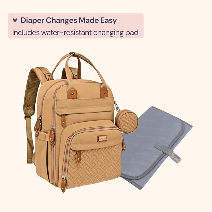 BabbleRoo Diaper Bag Backpack - Baby Essentials Travel Tote - Multi function Waterproof Diaper Bag, Travel Essentials Baby Bag with Changing Pad, Stroller Straps & Pacifier Case - Unisex, Beige-CubbioJoy