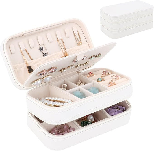 DesignSter Small Travel Jewelry Box with Double Zipper, 2 Layers PU Portable Jewelry Case for Women and Girls,Travel Jewelry Organizer for Rings, Earrings, Necklaces, Bracelets,Beige-CubbioJoy