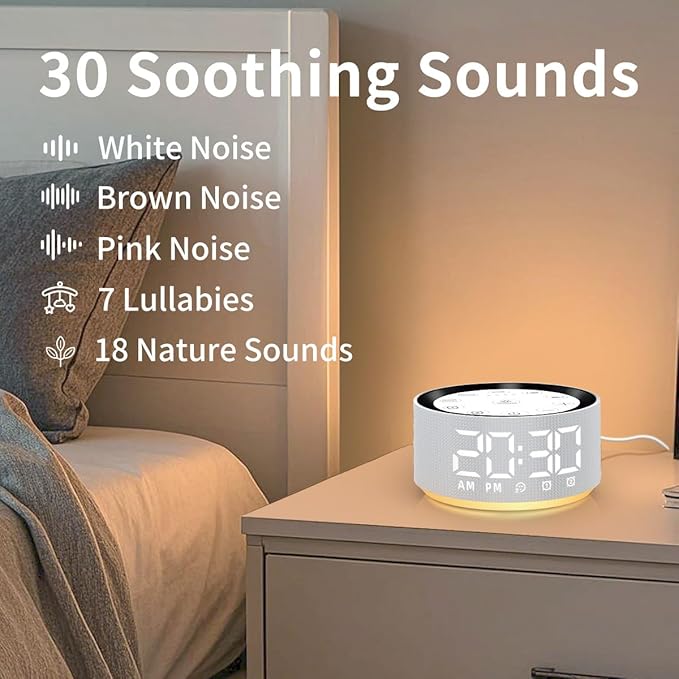 Brown Noise Machine Alarm Clock Sound White Noise Machine Night Light with 30 Sleeping Sounds for Baby Kids Adults 2 Alarms Backup Battery 32 Level Volume 15 Wake up Sounds for Mild Heavy Sleeper-CubbioJoy