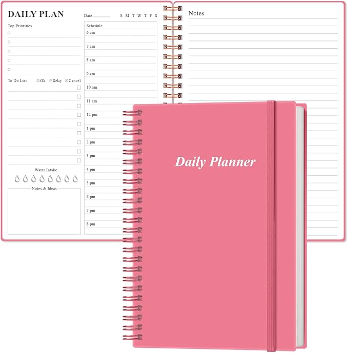Daily Planner Undated - A5 To Do List Notebook Hourly Schedules, Spiral Appointment Planner for Women and Men, PVC Hardcover, Inner Pocket, Elastic Closure, 5.8" x 8.3", Pink-CubbioJoy
