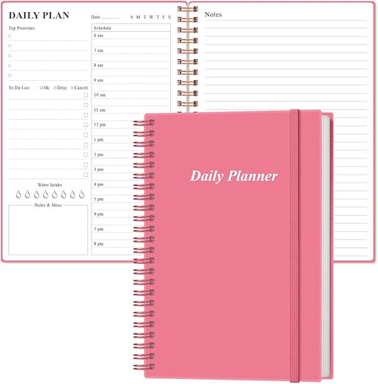 Daily Planner Undated - A5 To Do List Notebook Hourly Schedules, Spiral Appointment Planner for Women and Men, PVC Hardcover, Inner Pocket, Elastic Closure, 5.8" x 8.3", Pink-CubbioJoy