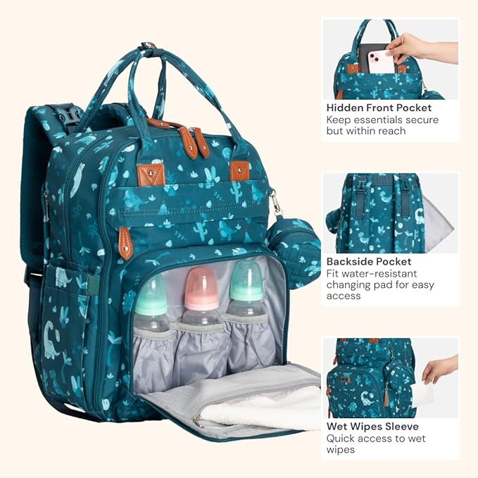BabbleRoo Diaper Bag Backpack - Baby Essentials, Travel Essentials Baby Bag with Changing Pad, Stroller Straps & Pacifier Case - Unisex, Dino-CubbioJoy